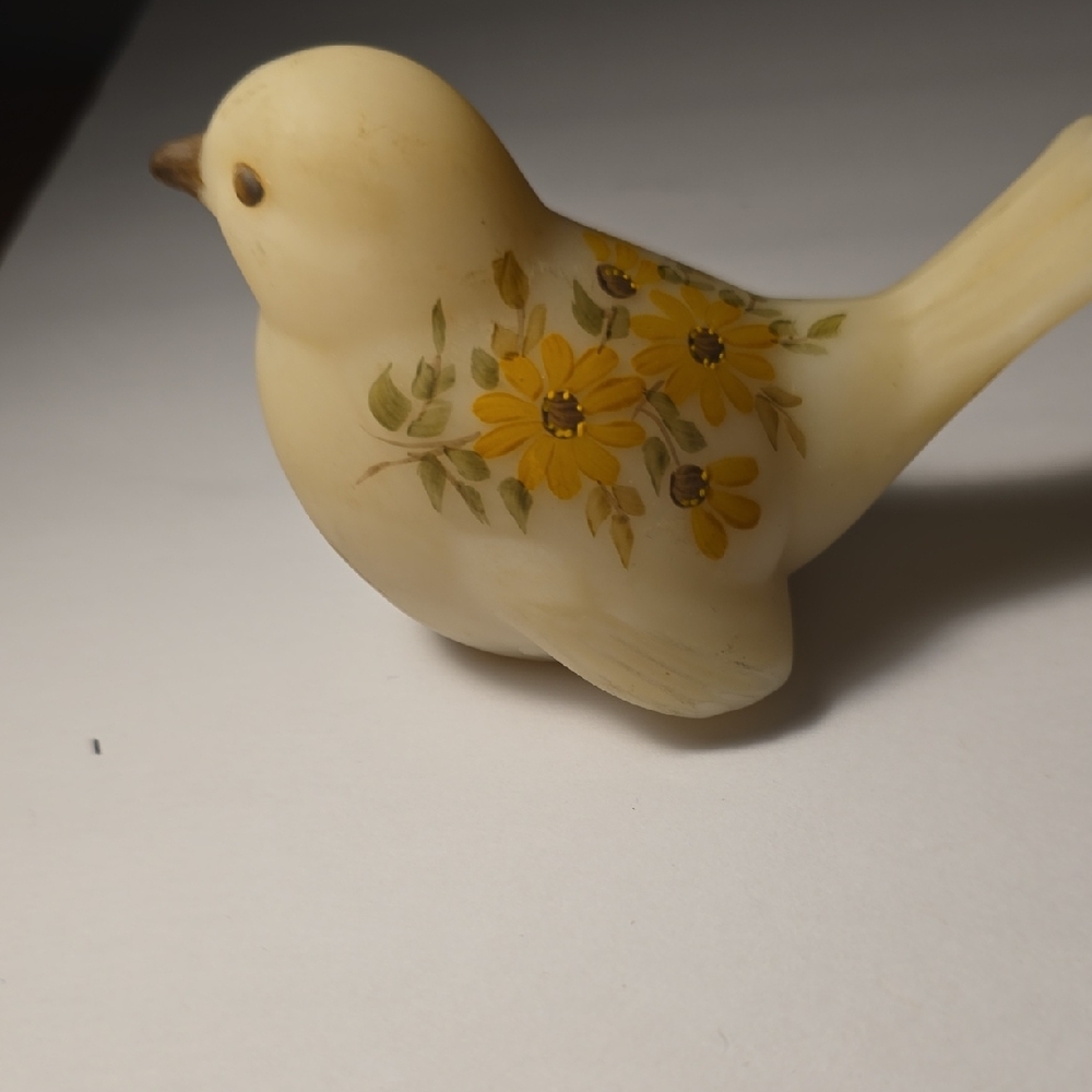 Cream Bird Figurine with Yellow Floral Design  Hand Sighed Fenton